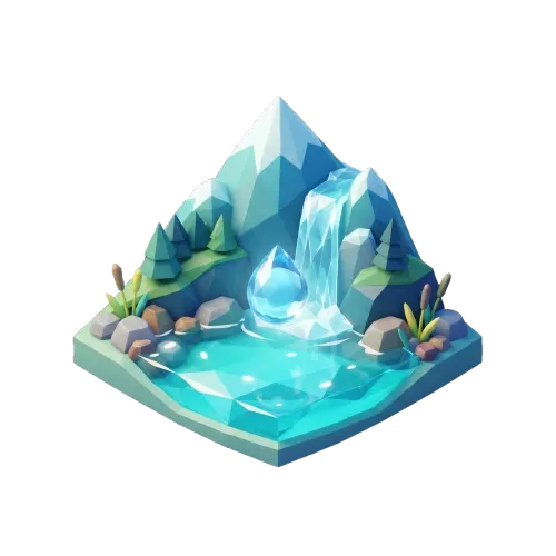 Low-poly isometric illustration of natural spring water and a droplet