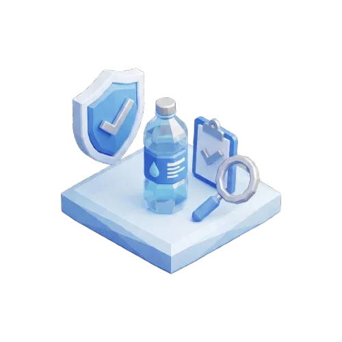 Low-poly isometric illustration of a quality shield and water bottle