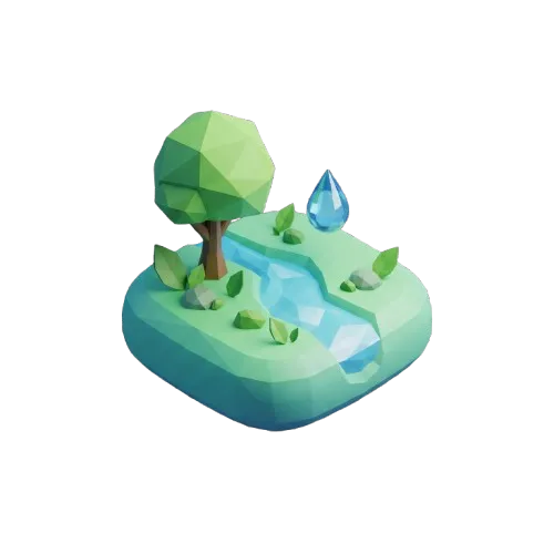 Low-poly isometric illustration of a green island with water and leaves